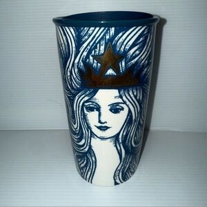 Starbucks 2016 Gold Crown Blue Mermaid Siren 12oz Ceramic Travel Tumbler Mug